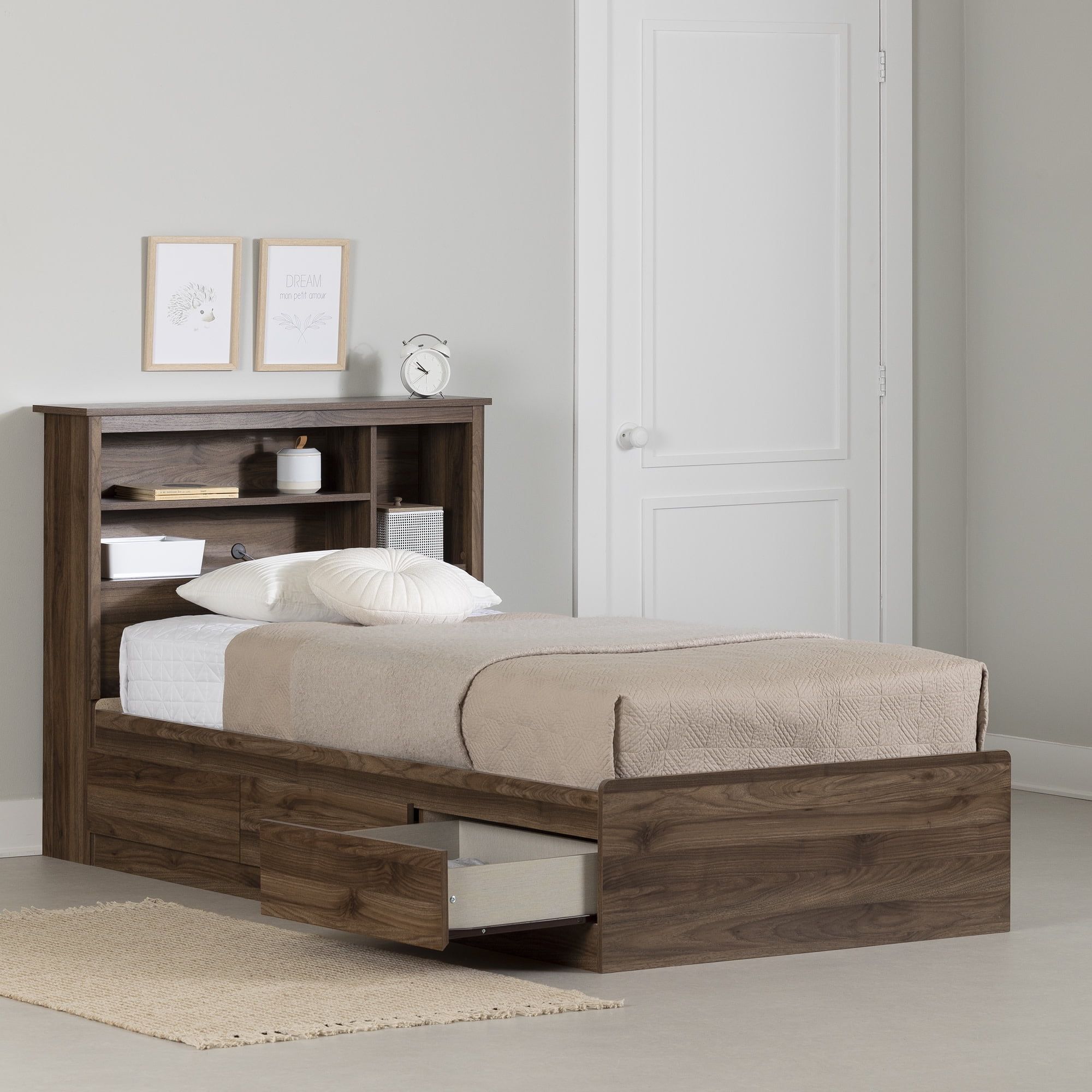 Twin Natural Walnut Wood Frame Bed with Headboard and Storage