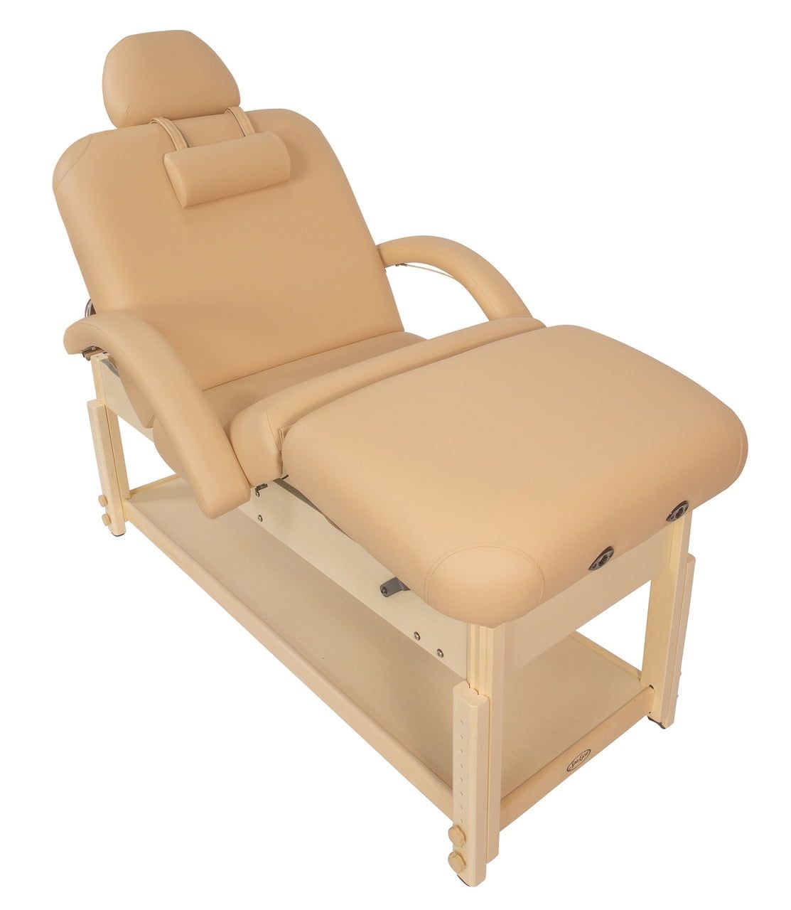 Beige Adjustable Stationary Massage Table with Headrest and Arm Shelf