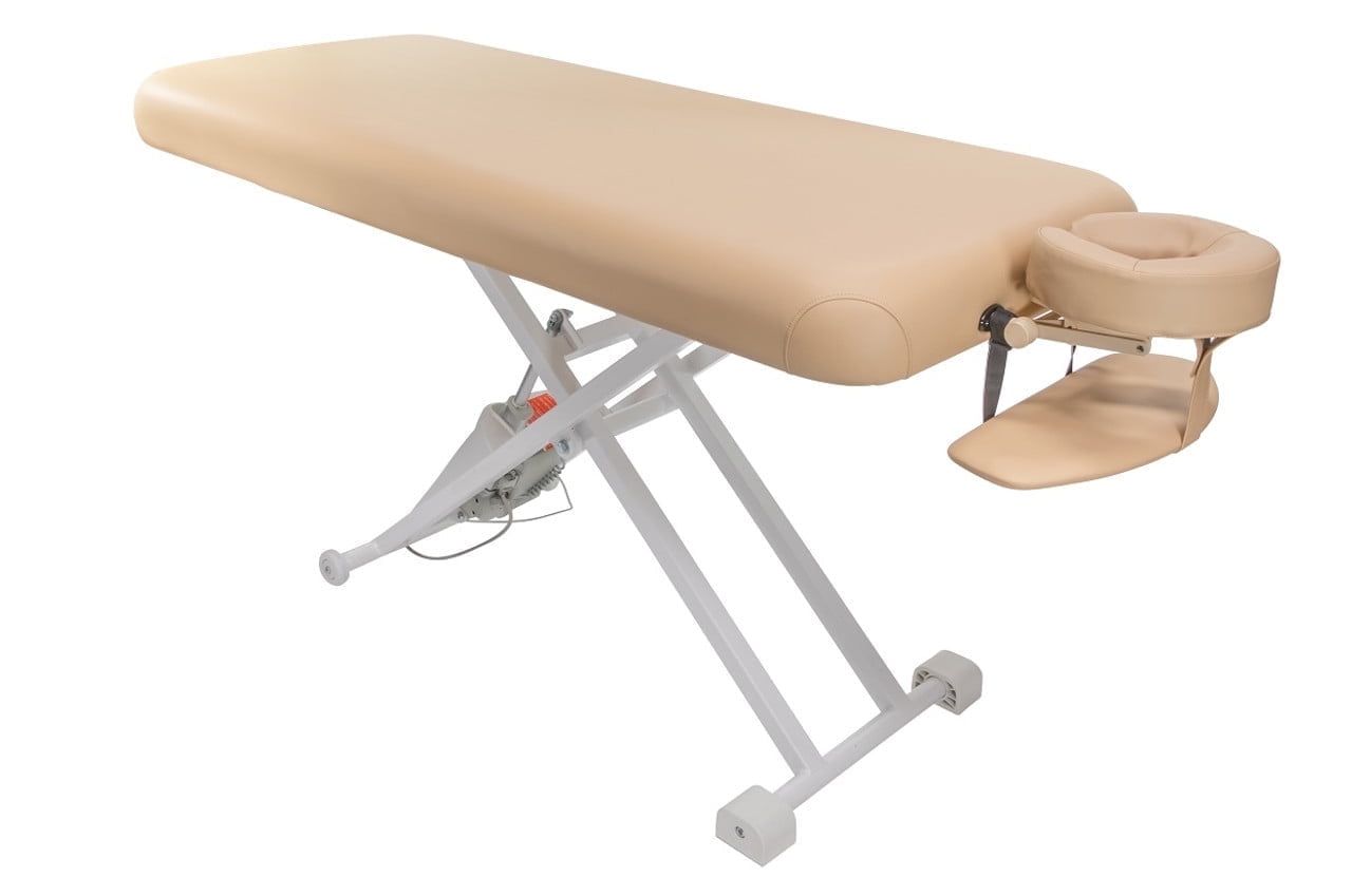 Beige Electric Lift Massage Table with Face Rest and Arm Shelf