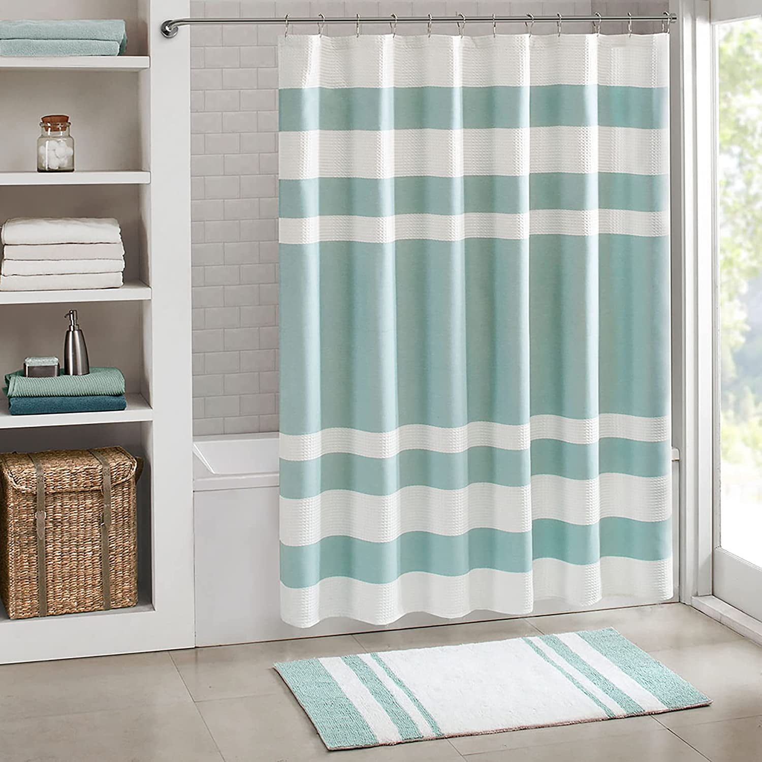 Aqua and White Waffle Weave Shower Curtain with 3M Treatment