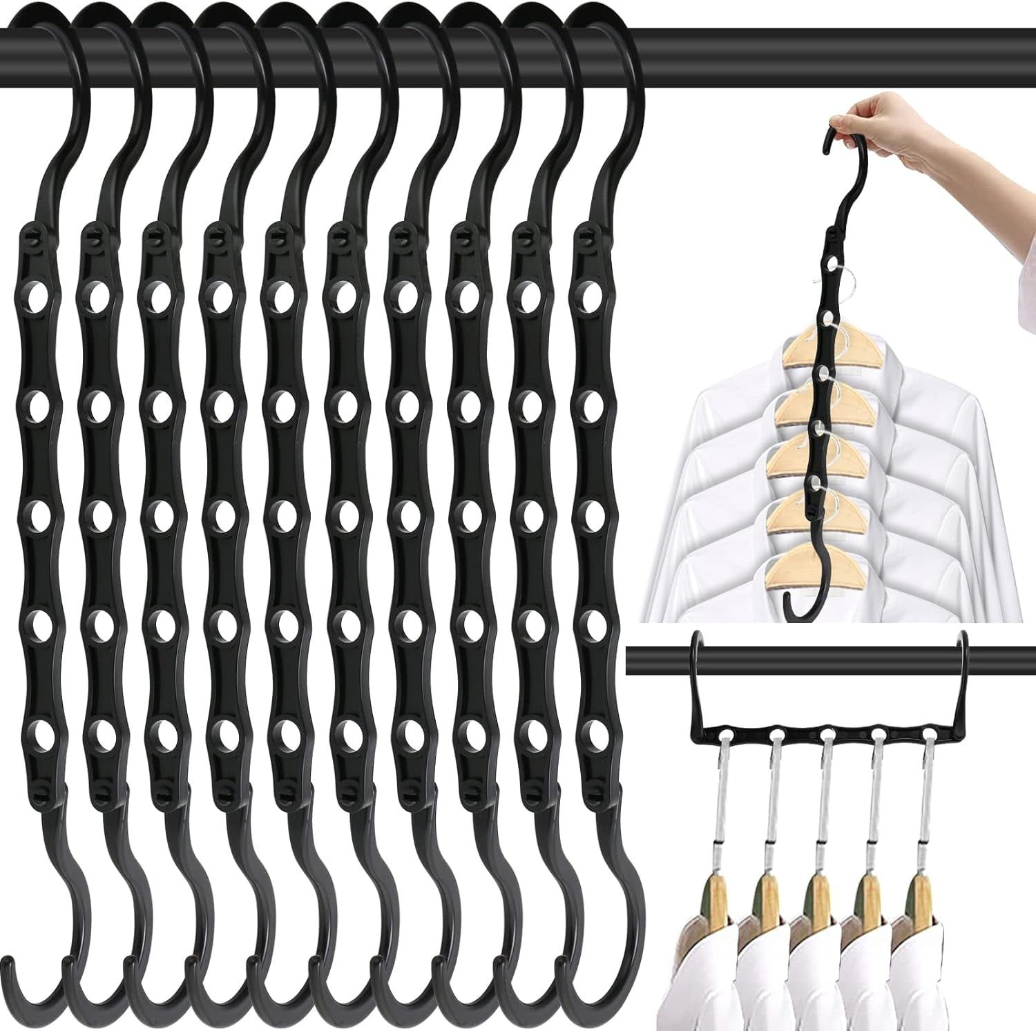 Black Plastic 5-Hole Space-Saving Closet Hangers, 10-Pack