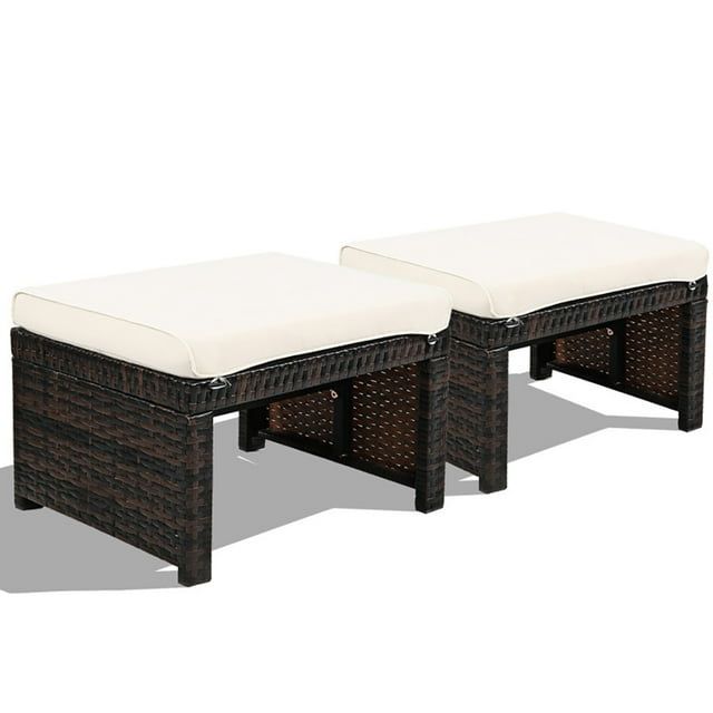 White PE Rattan Outdoor Ottomans with Cushions, Set of 2