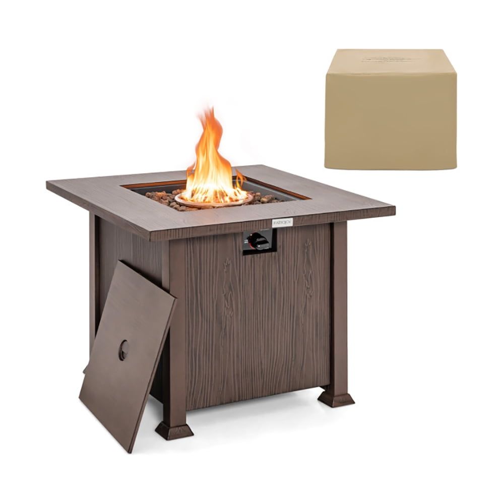 Brown Metal 32" Gas Fire Pit Table with Lid and Lava Rocks