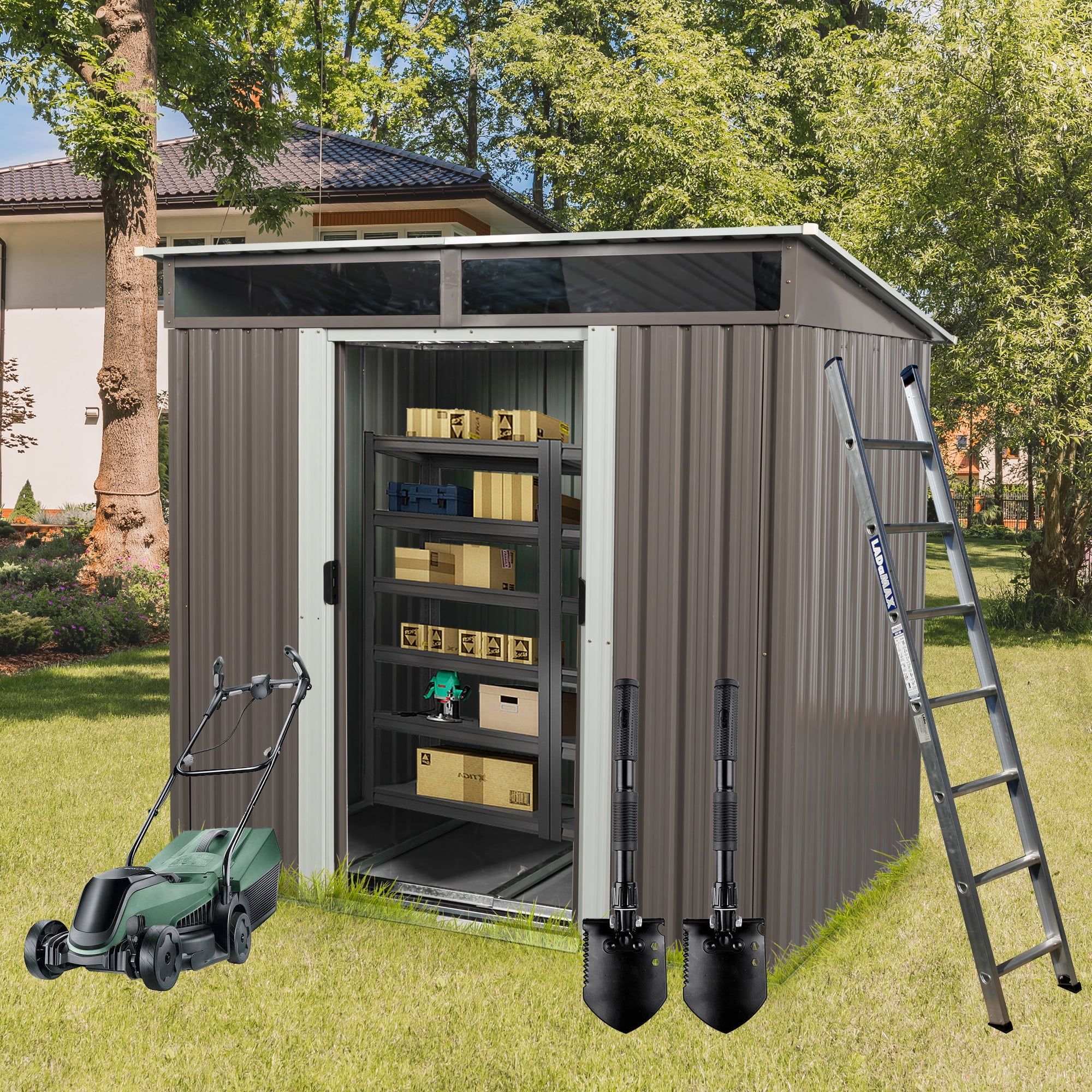 Gray 6ft x 5ft Metal Garden Storage Shed with Sliding Doors