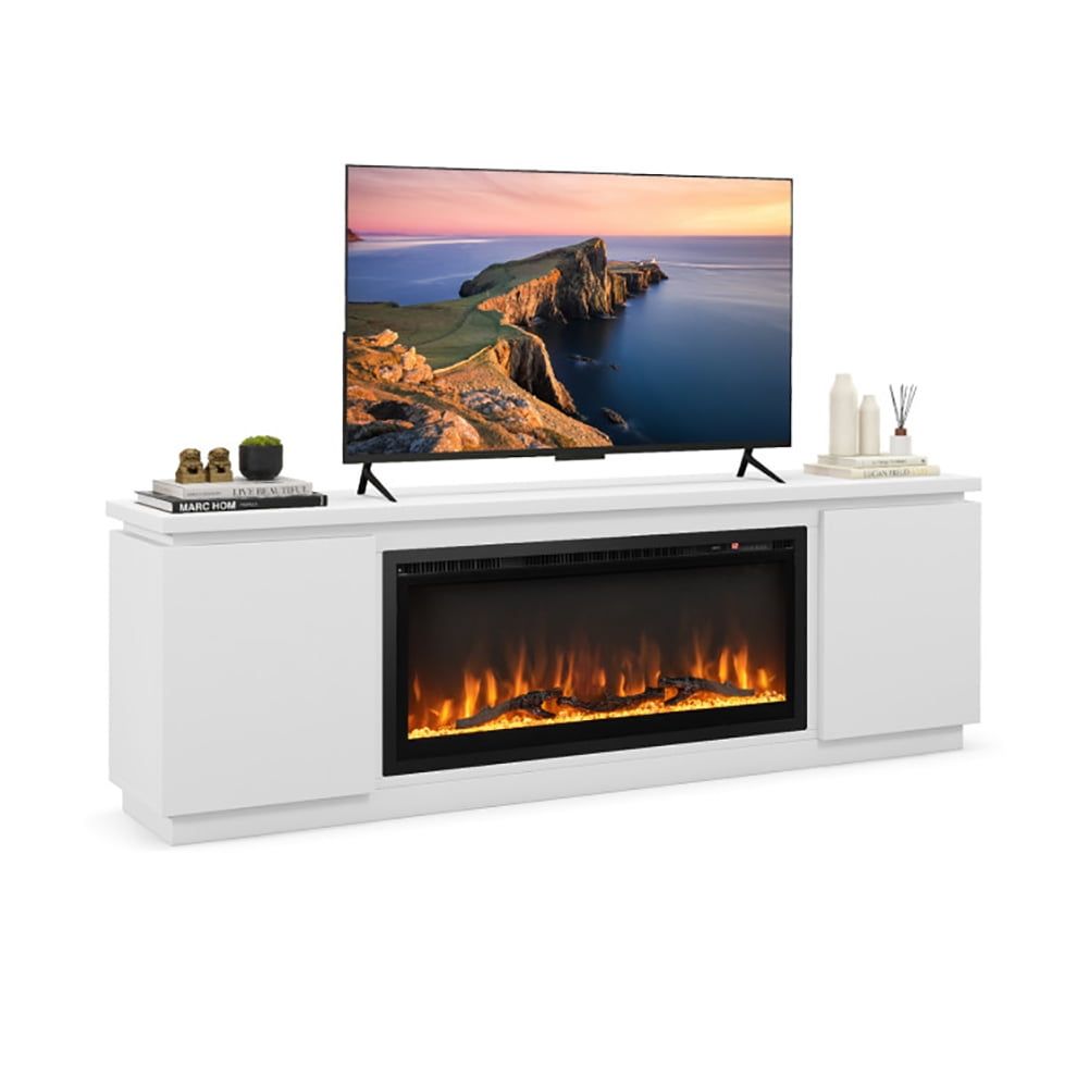 White and Black 70" TV Cabinet with Electric Fireplace