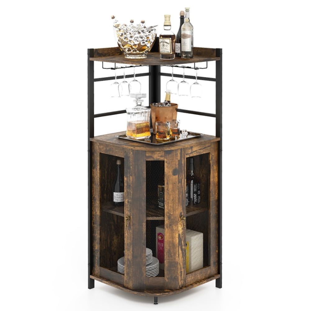 Rustic Brown Industrial Corner Bar Cabinet with Mesh Doors