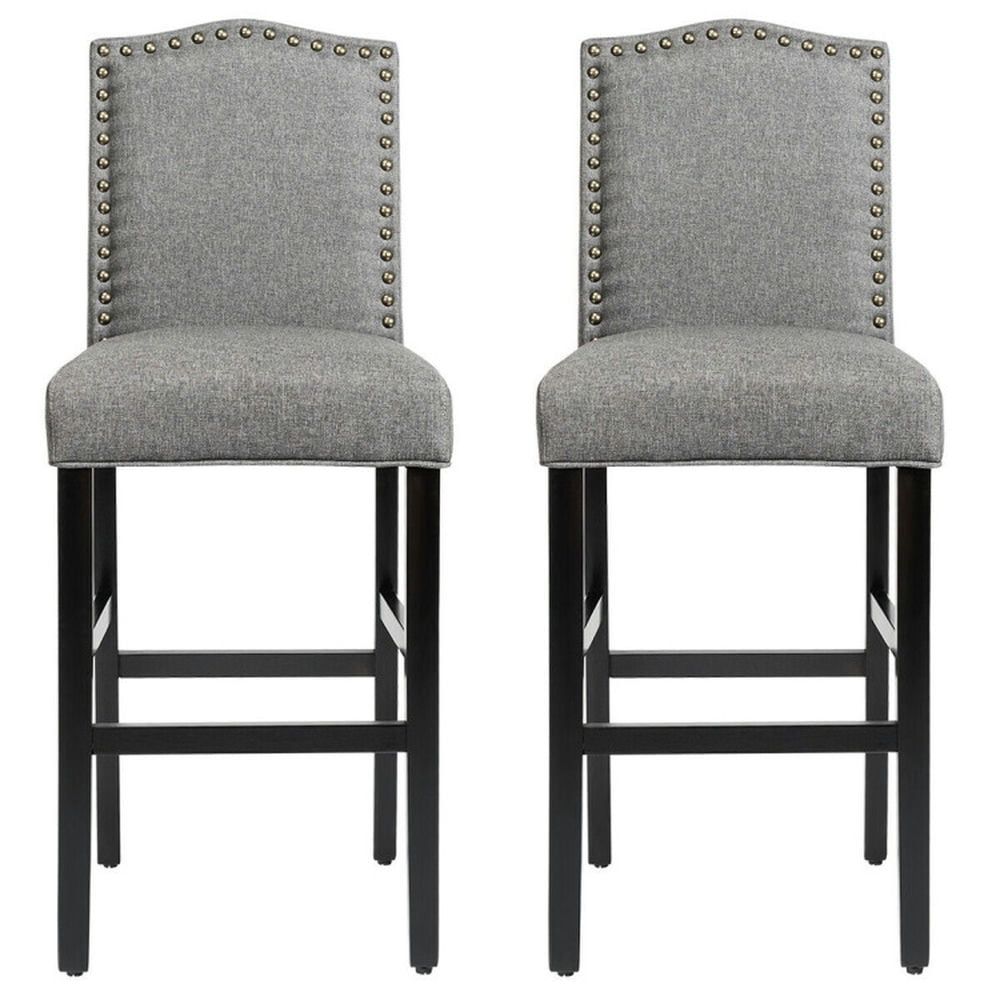 Gray Linen Upholstered Bar Stools with Nailhead Trim, Set of 2