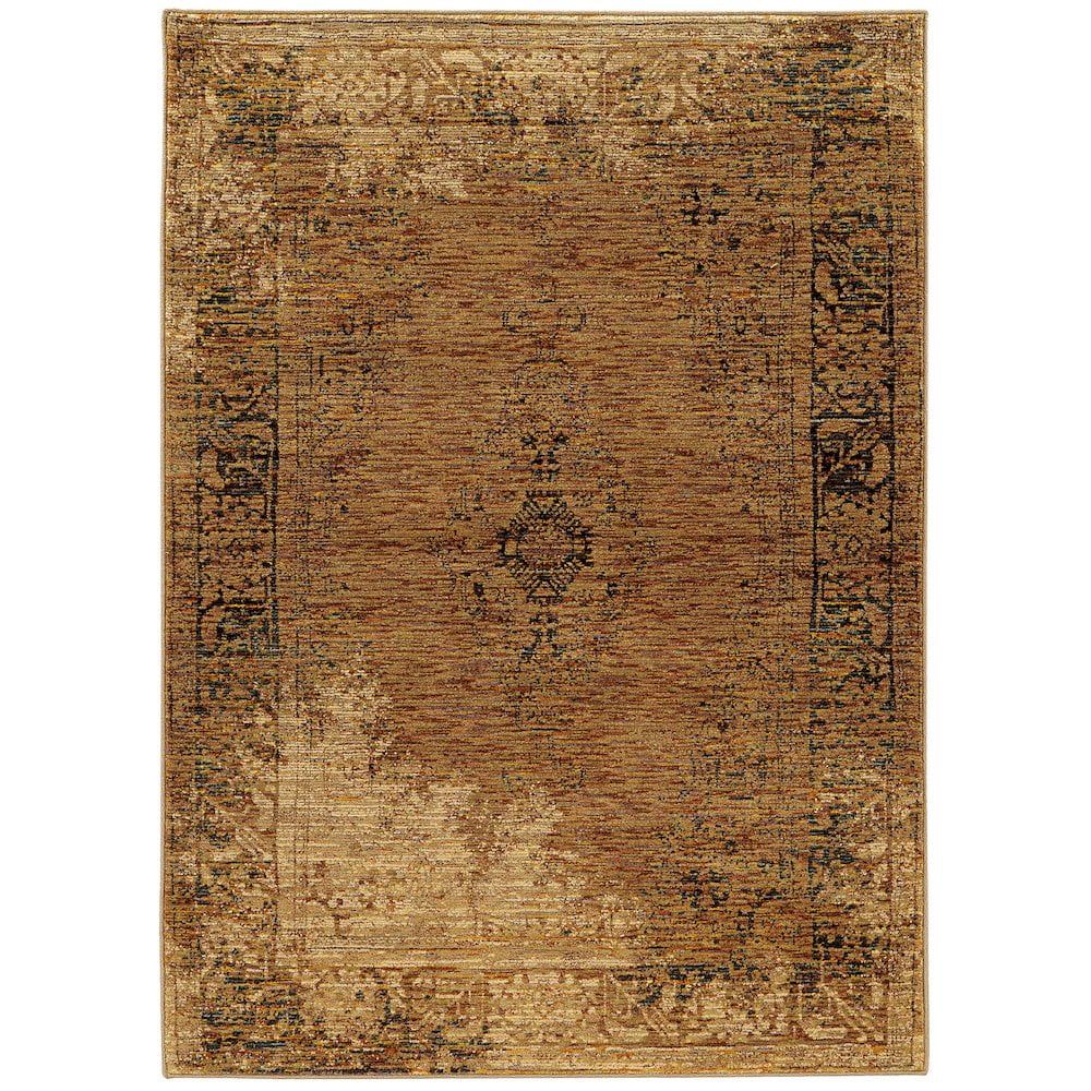 Gold and Brown Oriental Synthetic Stain-Resistant Area Rug