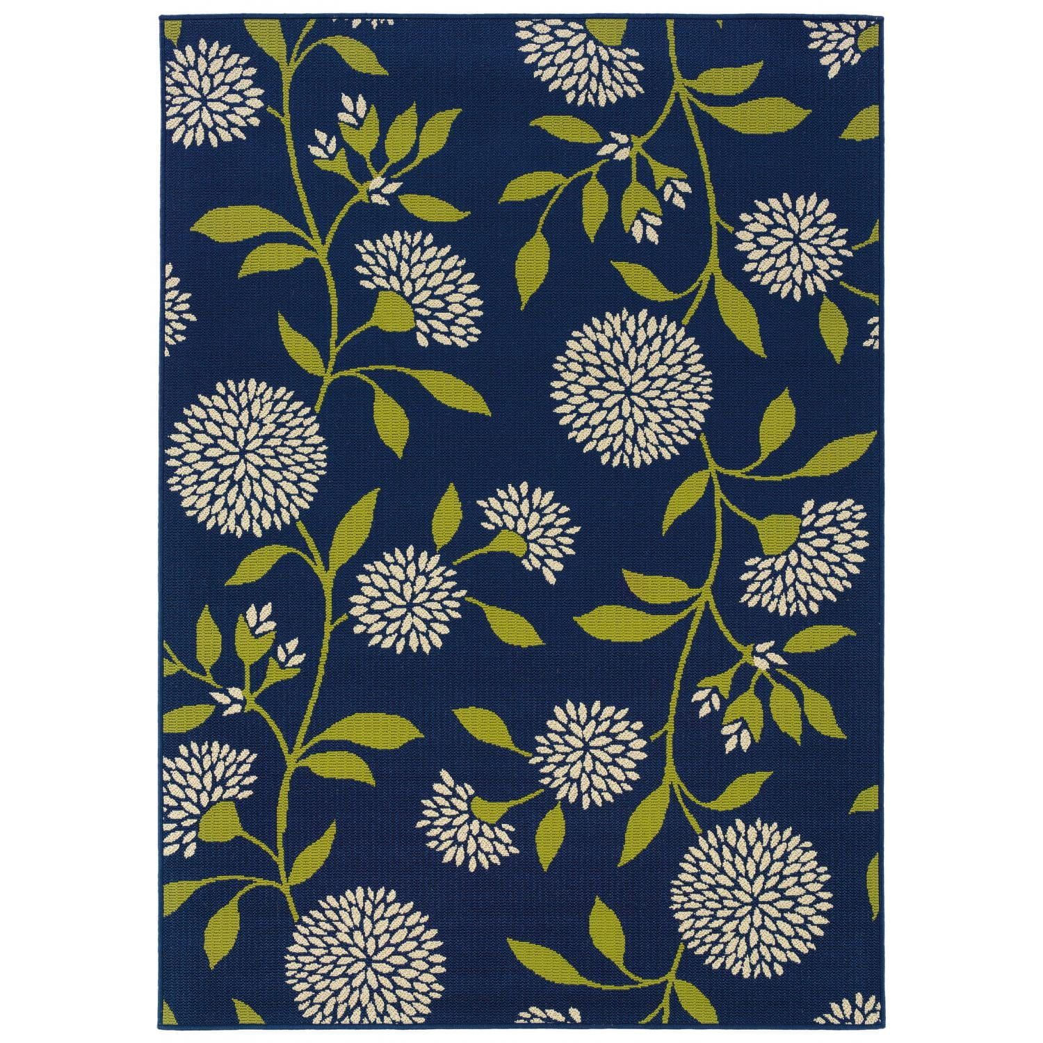 Blue Floral Rectangular Synthetic Indoor/Outdoor Rug