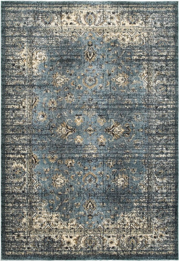 Ivory and Blue Rectangular Synthetic Stain-Resistant Rug