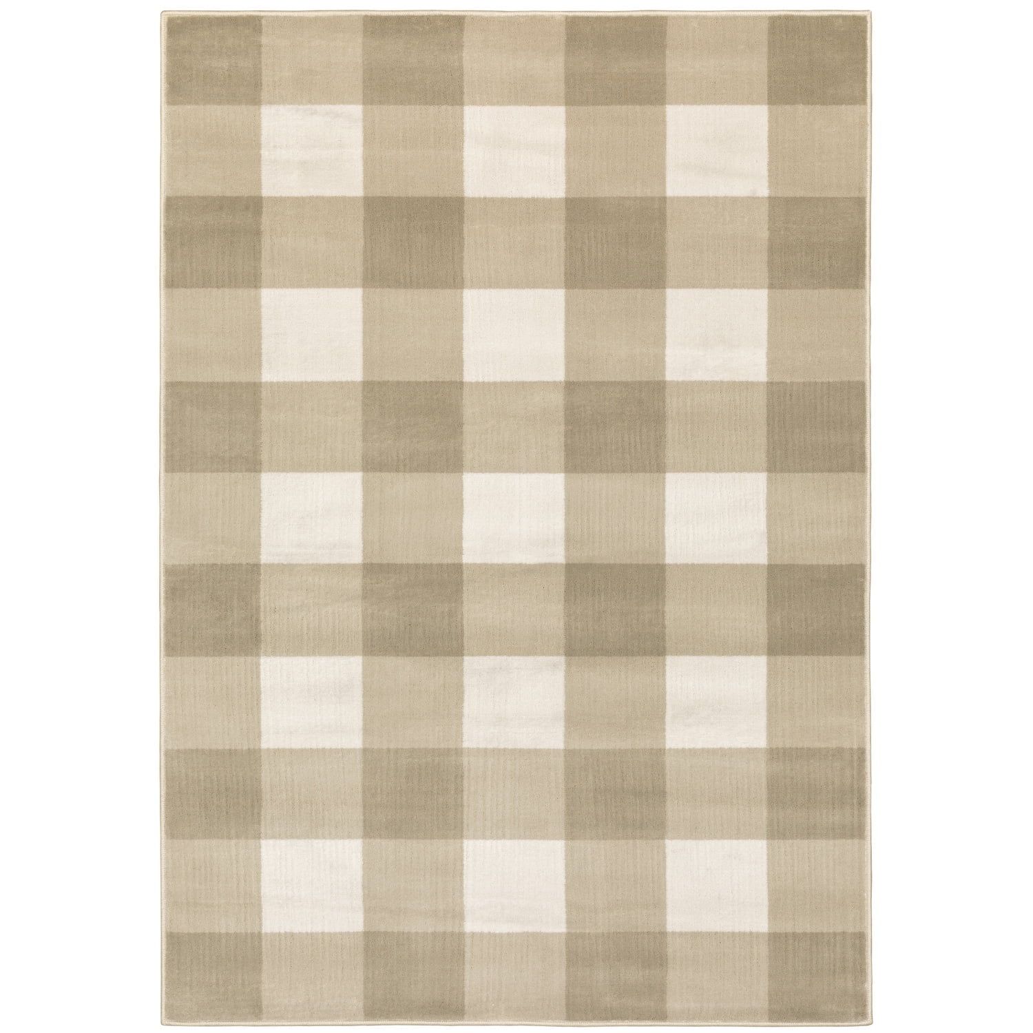 Beige and Ivory Plaid Synthetic Rectangular Area Rug