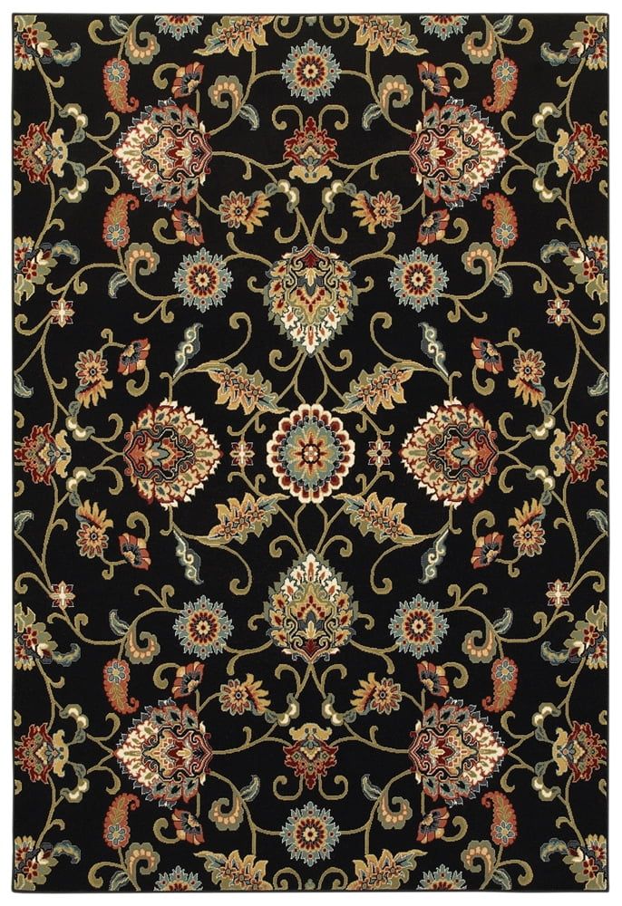 Kashan Black and Multicolor Synthetic Rectangular Area Rug