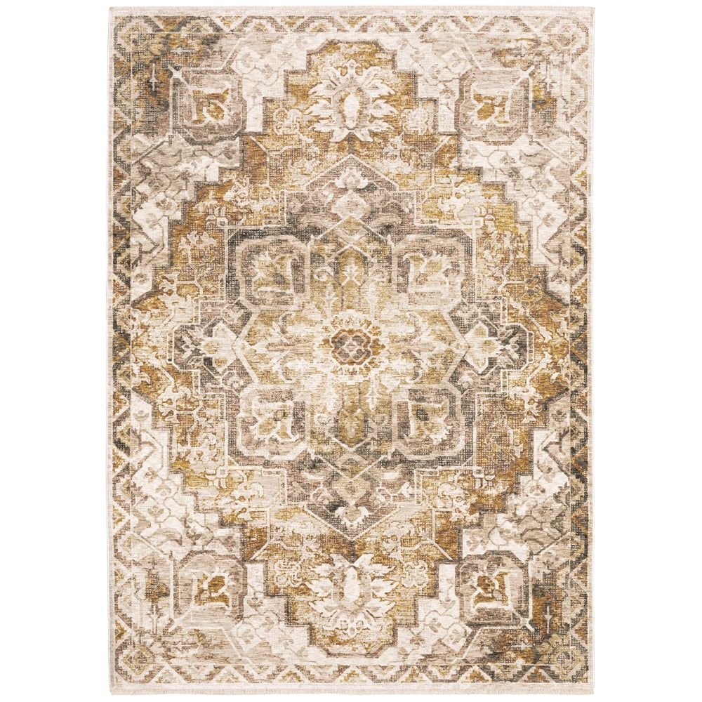 Elegant Ivory and Gold Synthetic Rectangular Rug, 6'7" x 9'6"