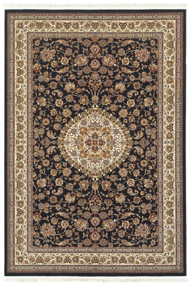 Ivory and Black Hand-Knotted Synthetic Rectangular Rug