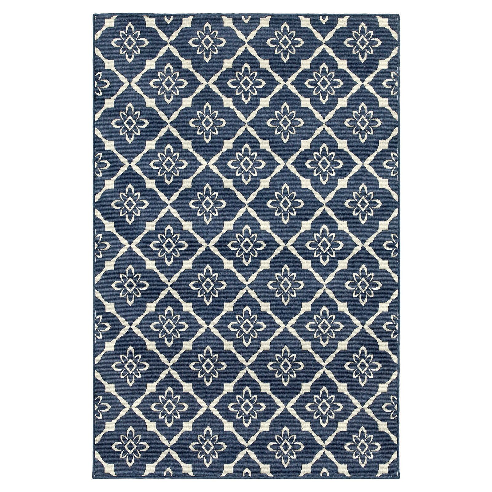 Navy and Ivory Geometric Synthetic Indoor/Outdoor Area Rug