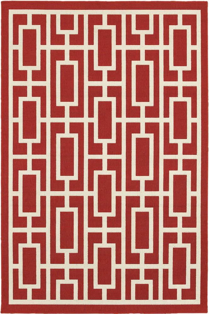 Meridian Red and Ivory Geometric Round Synthetic Area Rug
