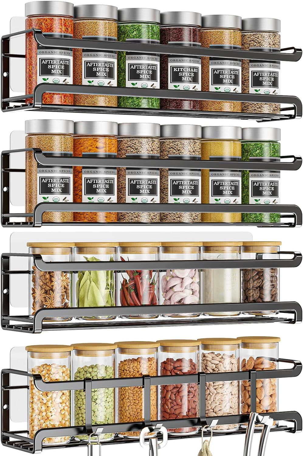 Black Metal Wall-Mounted Spice Rack Organizer Set