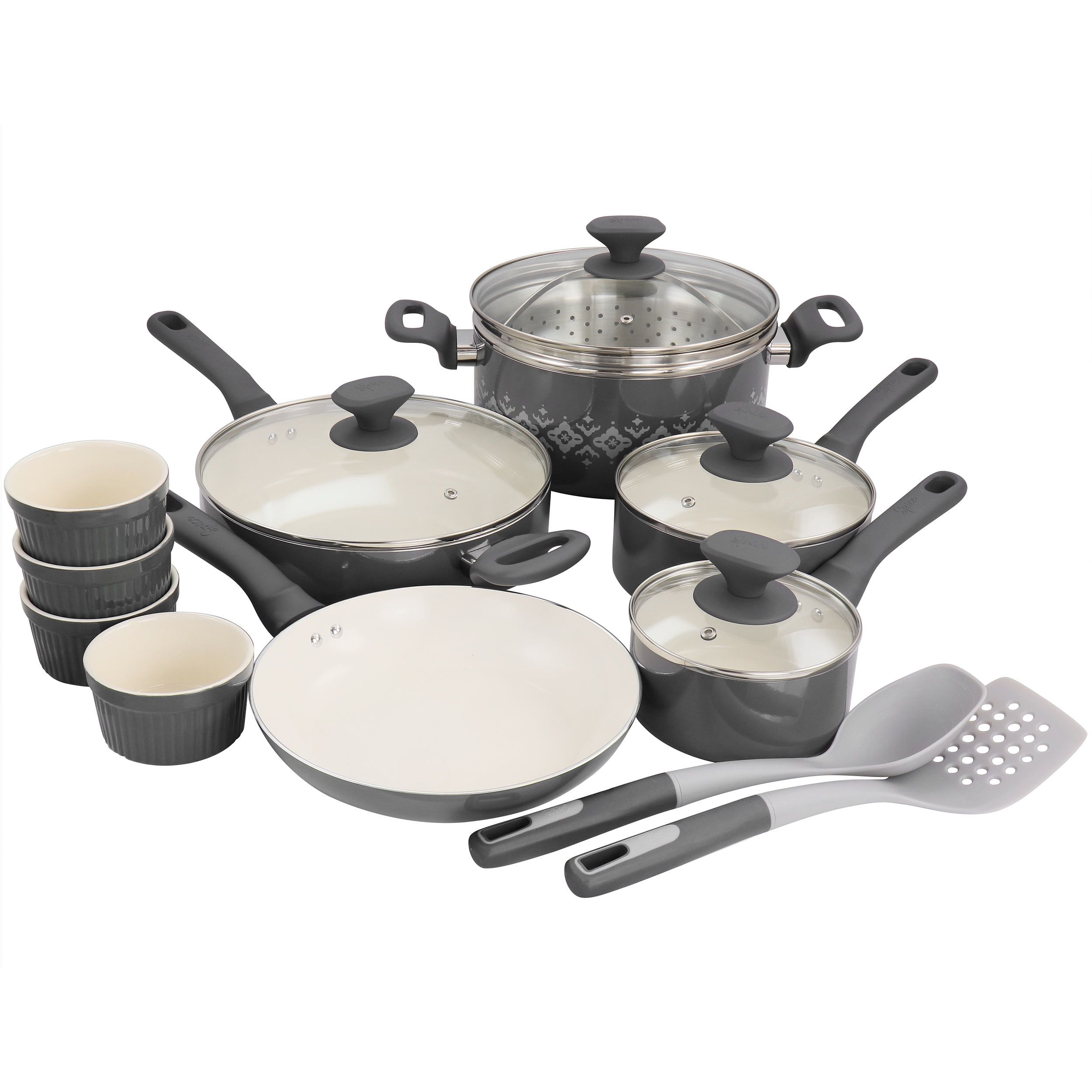 Gray 16-Piece Nonstick Ceramic Cookware Set with Enamel Finish