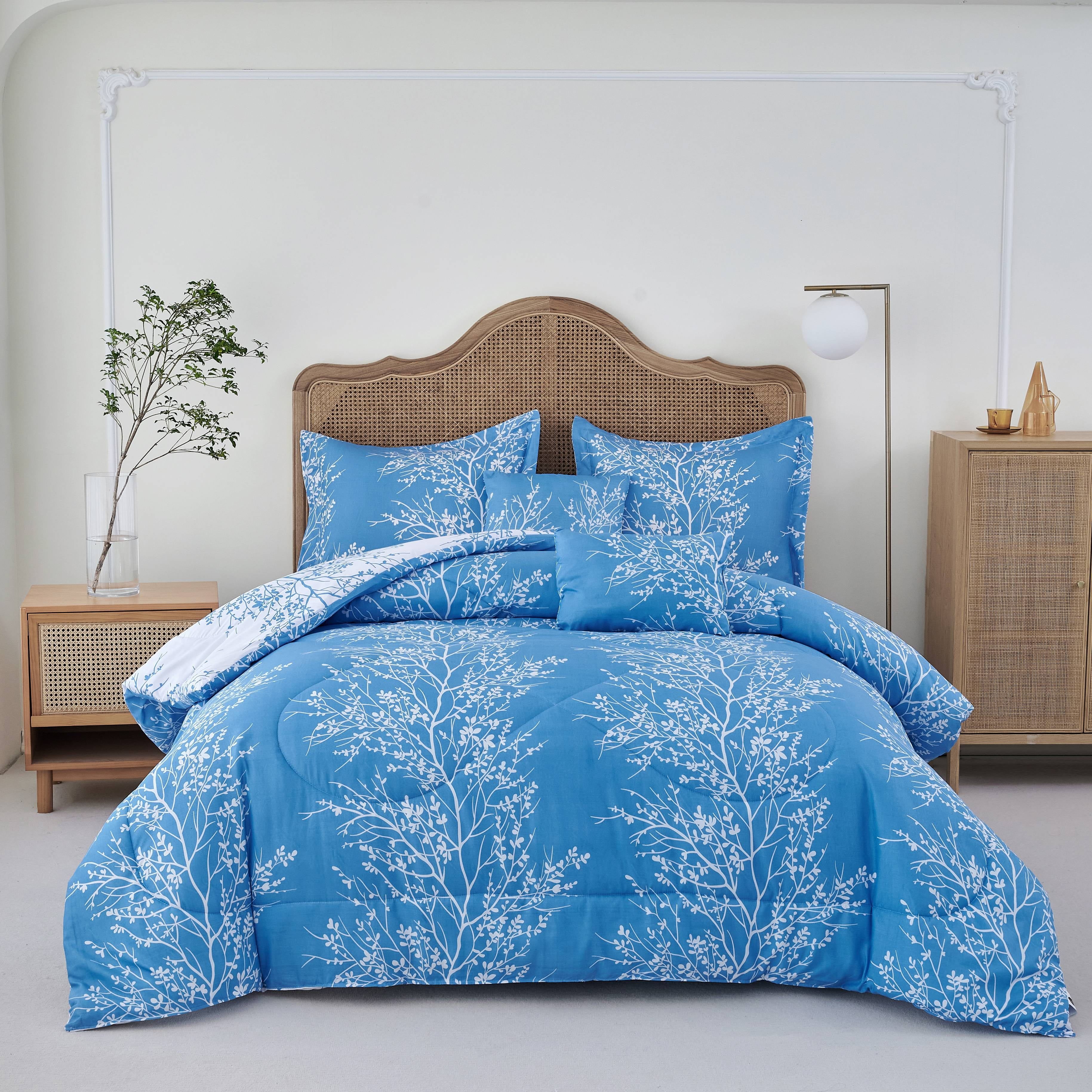 Light Blue Foliage Microfiber Twin Bed in a Bag Set