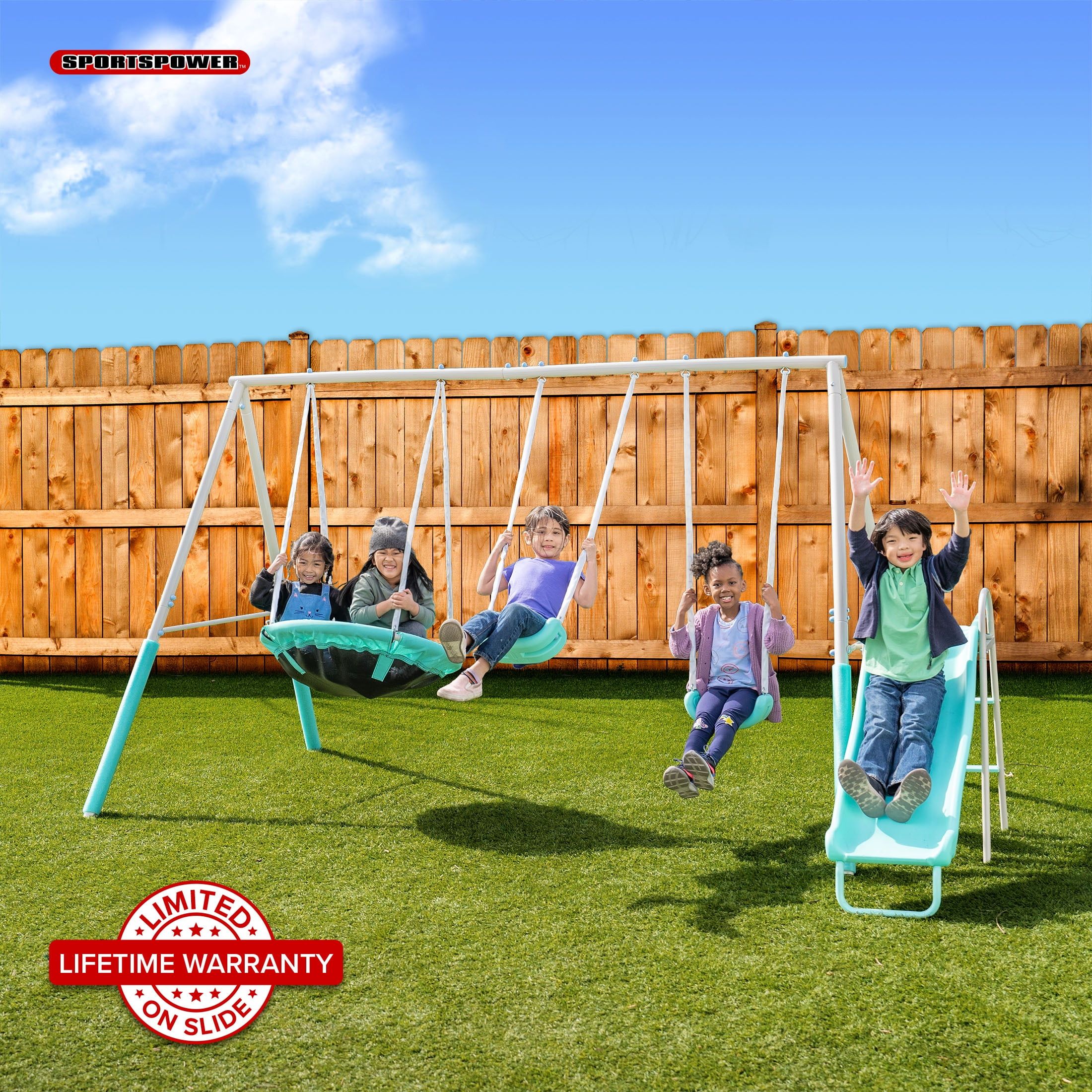 Sportspower Super Saucer Metal Swing Set with Slide and 2 Swings