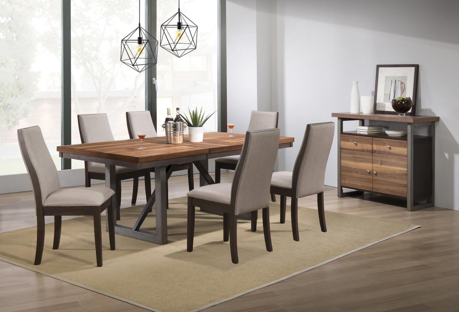 Gray Walnut Veneer 7-Piece Dining Set with Cushioned Chairs