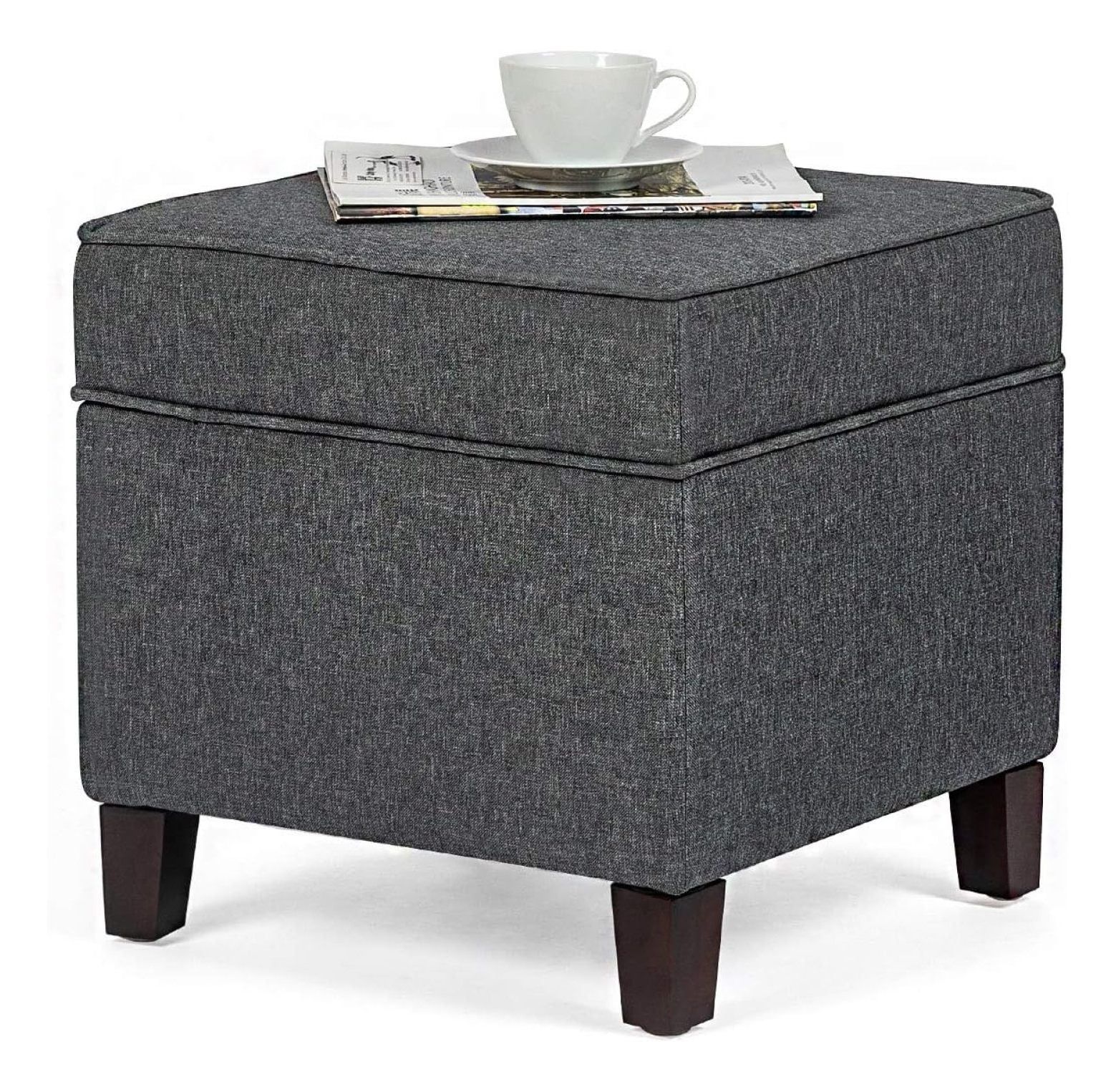 Dark Grey Fabric Square Storage Ottoman with Engineered Wood Legs