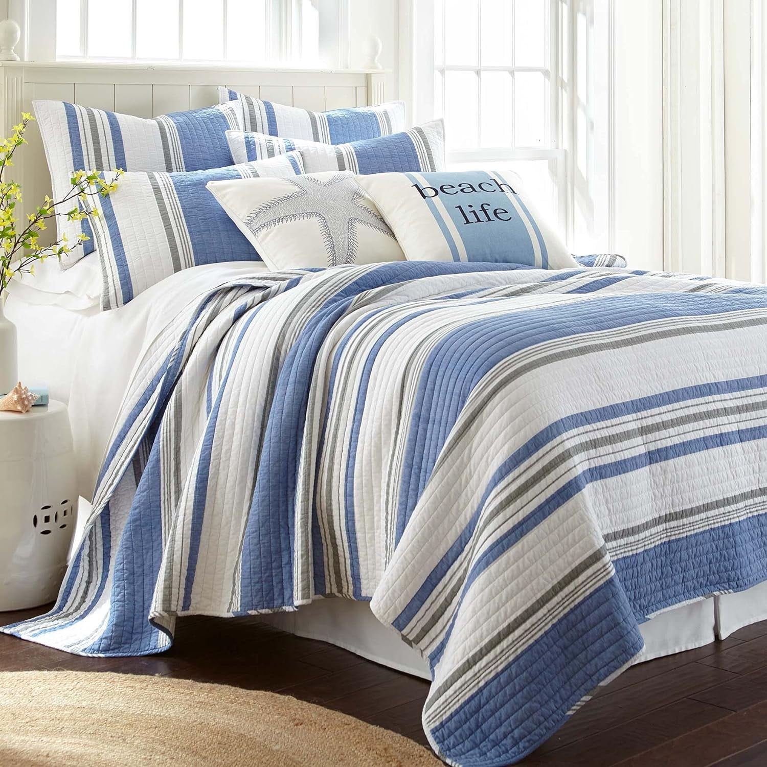 Nautical Blue and White Cotton Full Quilt Set