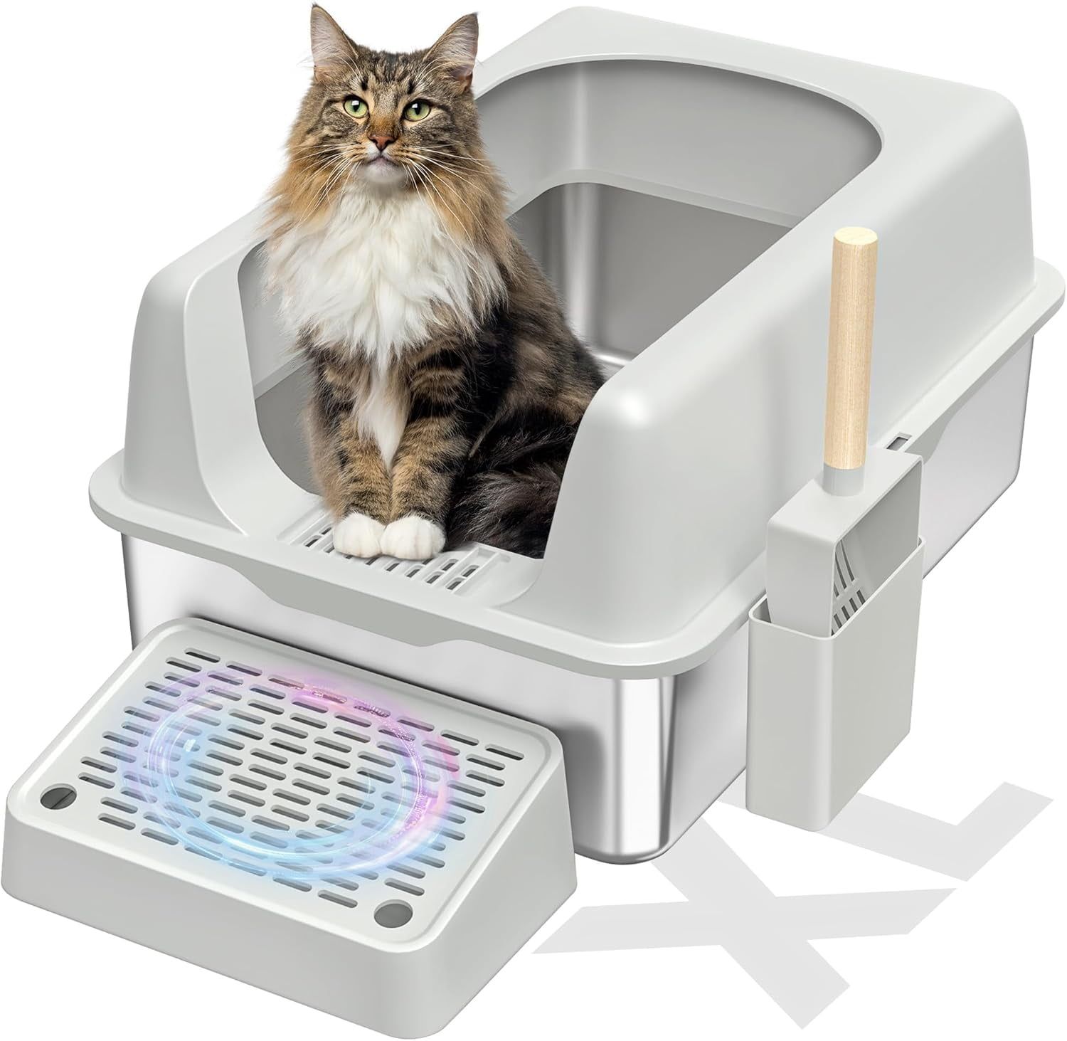 Extra Large Light Grey Stainless Steel Enclosed Cat Litter Box