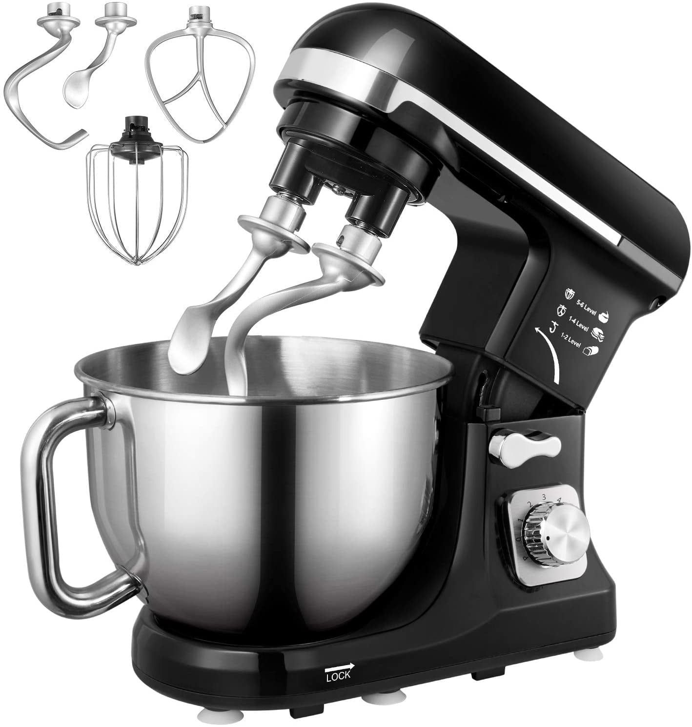 Black 5.5Qt Stainless Steel Bowl Stand Mixer with Double Hook