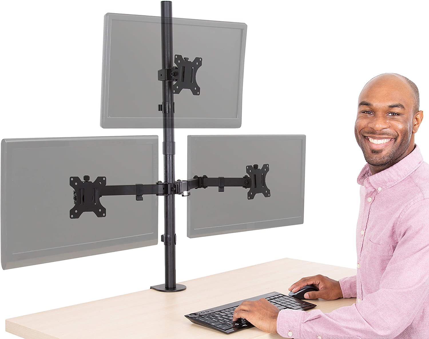 Black Adjustable Triple Monitor Desk Mount with Clamp Base