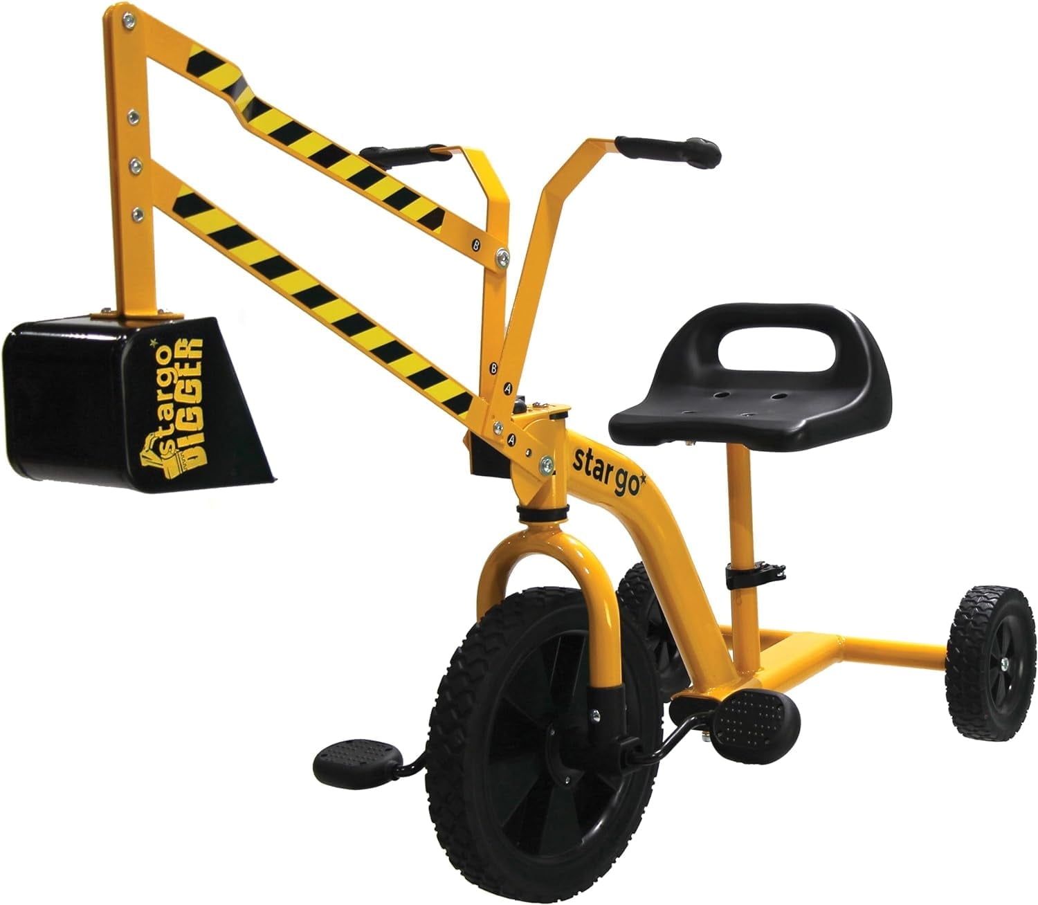 Yellow Pedal-Powered Excavator Tricycle with Rubber Wheels