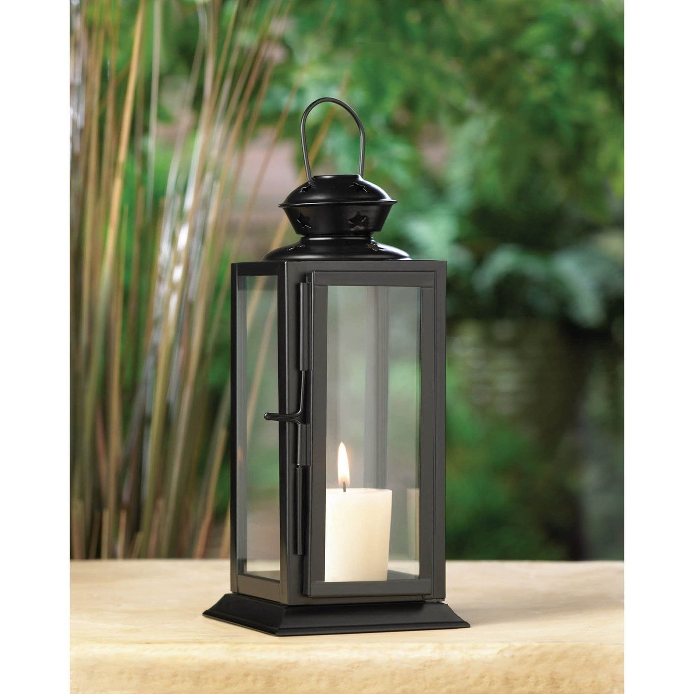 Black Iron and Glass Star Cutout Candle Lantern