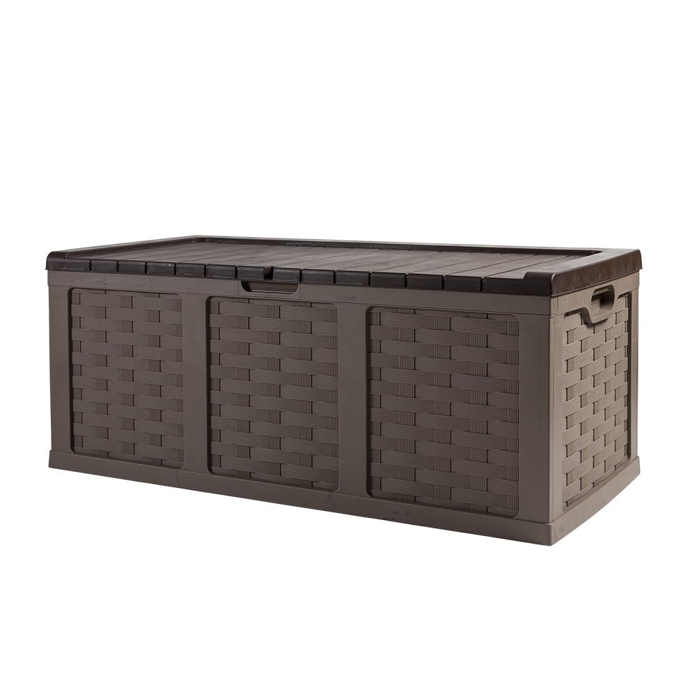 Mocha Brown Large Plastic Wicker Lockable Deck Box with Wheels
