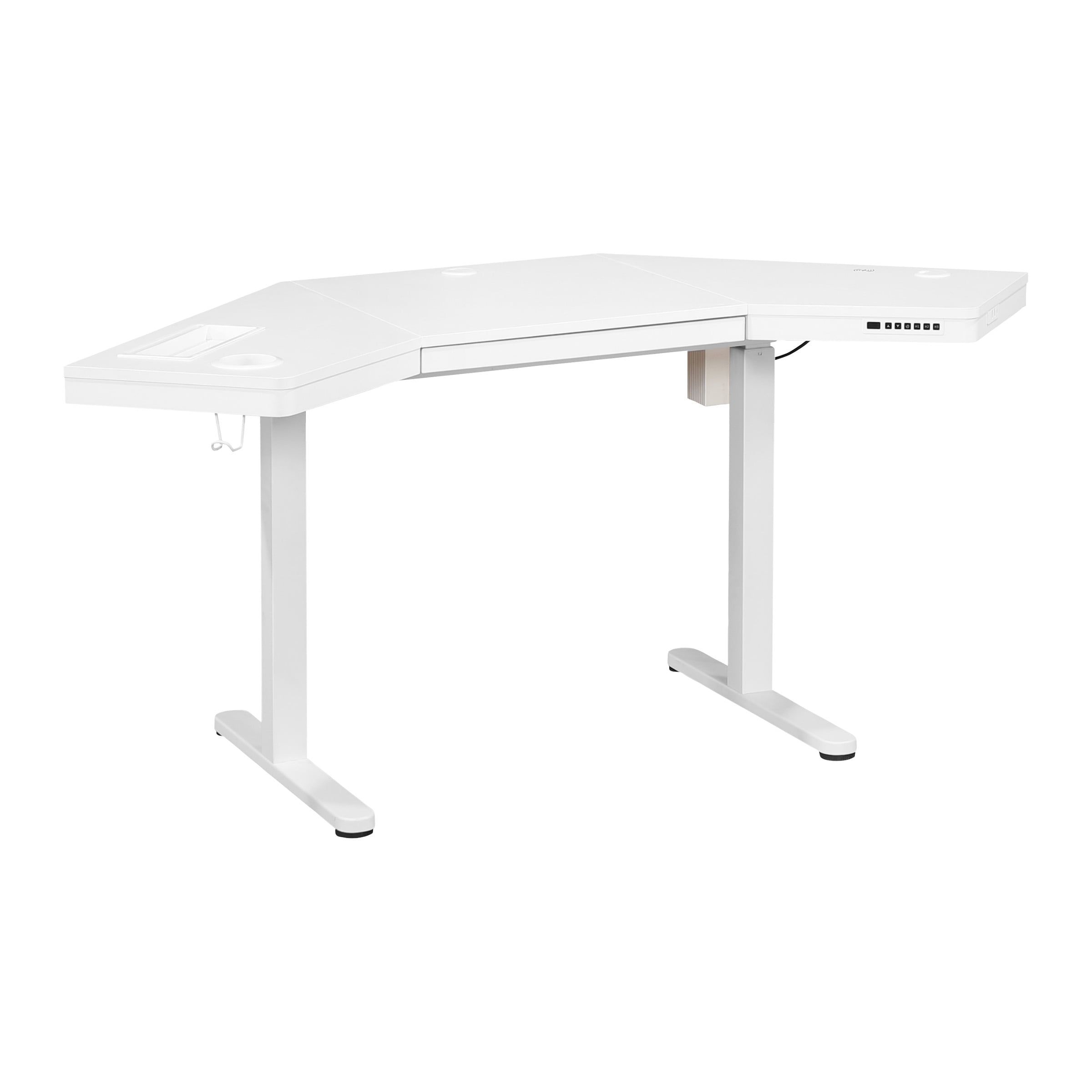 White Adjustable Height Corner Desk with USB Port and Drawer