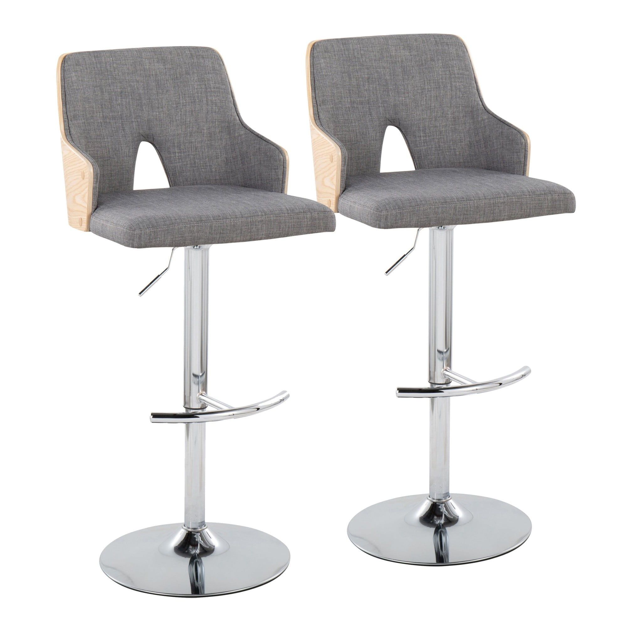 Stella Adjustable Swivel Barstools in Gray Fabric and Chrome, Set of 2