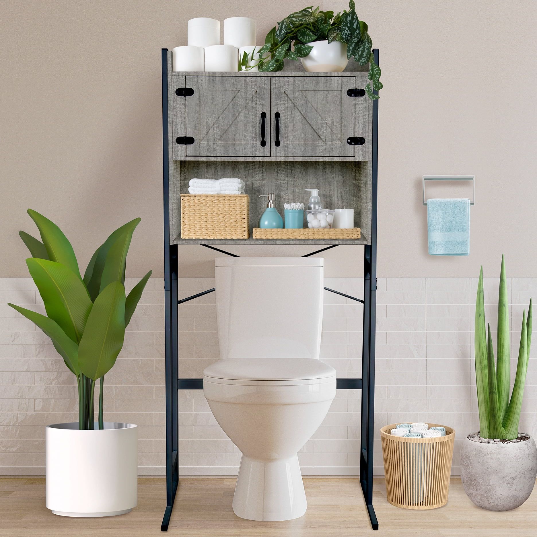 Gray Adjustable Over-the-Toilet Storage Cabinet with Doors