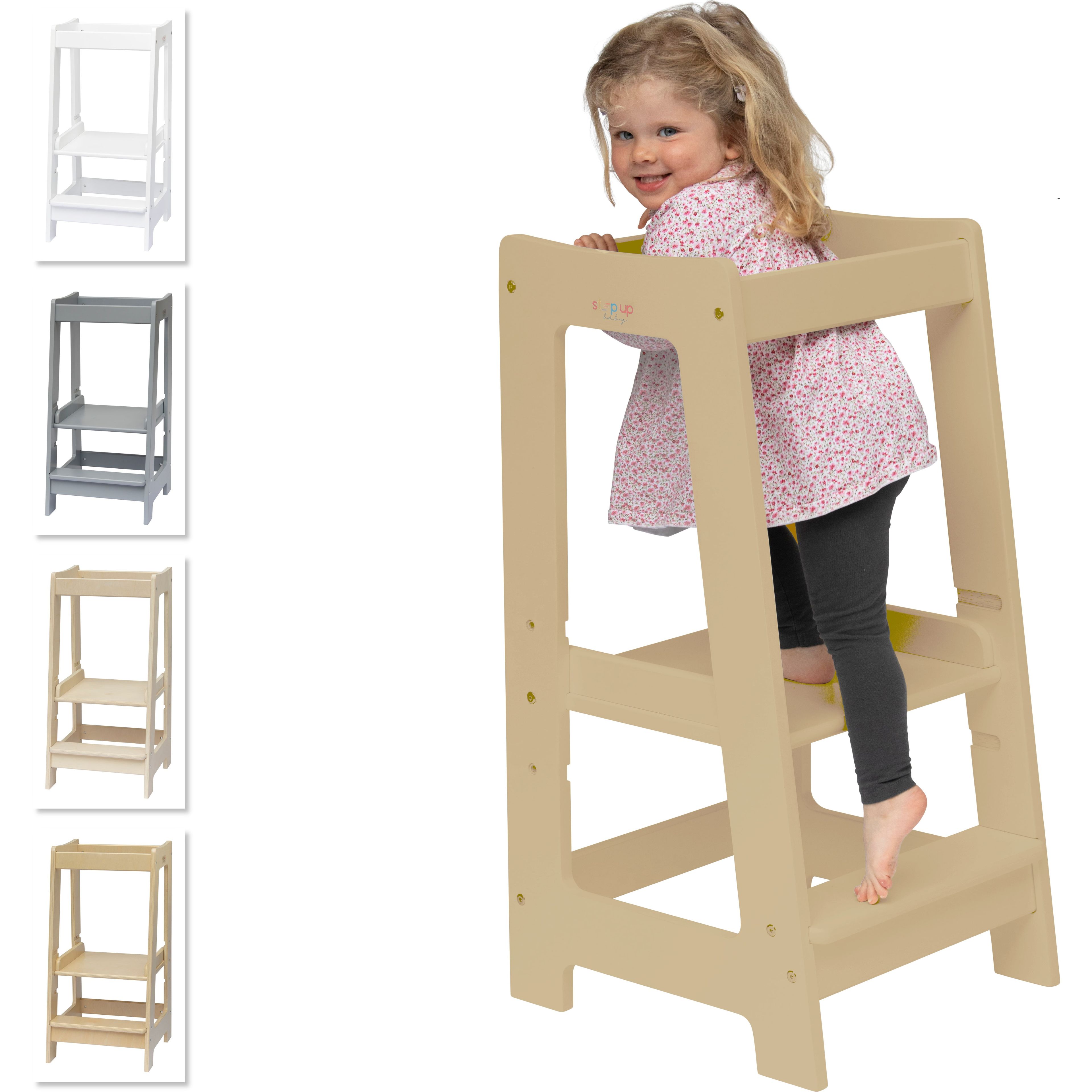 Adjustable Wooden Montessori Toddler Tower with Safety Rail