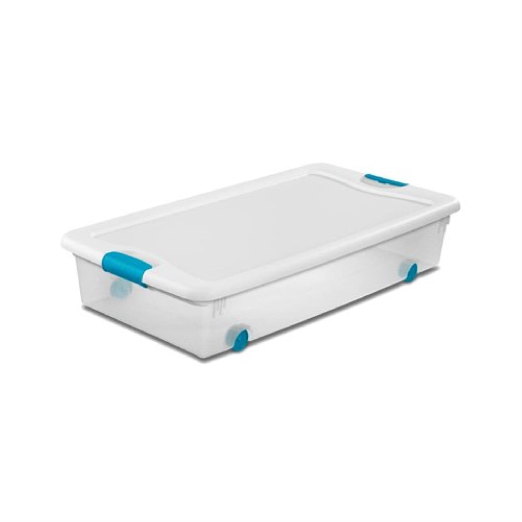 Clear and White Stackable Plastic Lidded Storage Box with Wheels