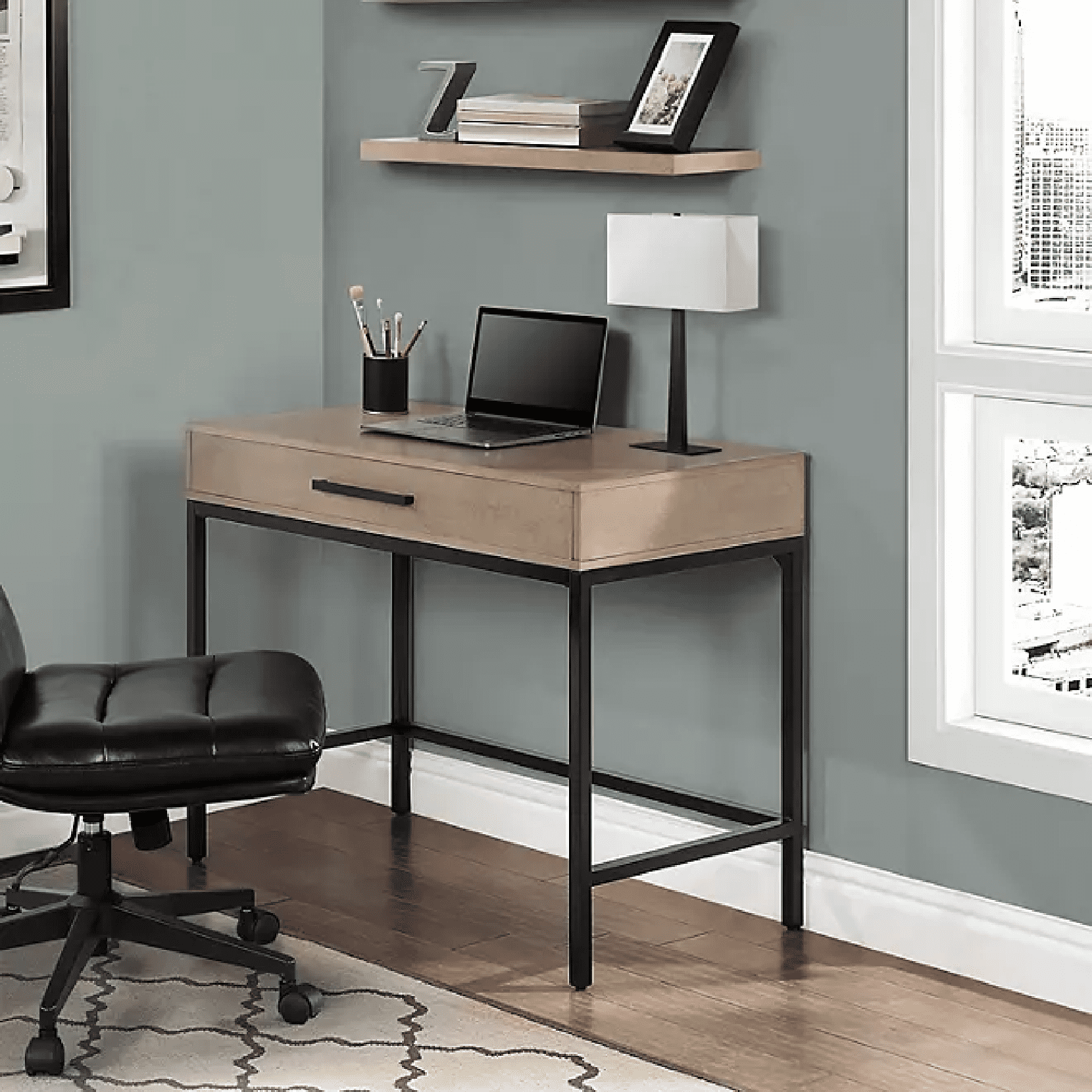 Natural Wood and Metal Writing Desk with Storage Drawer