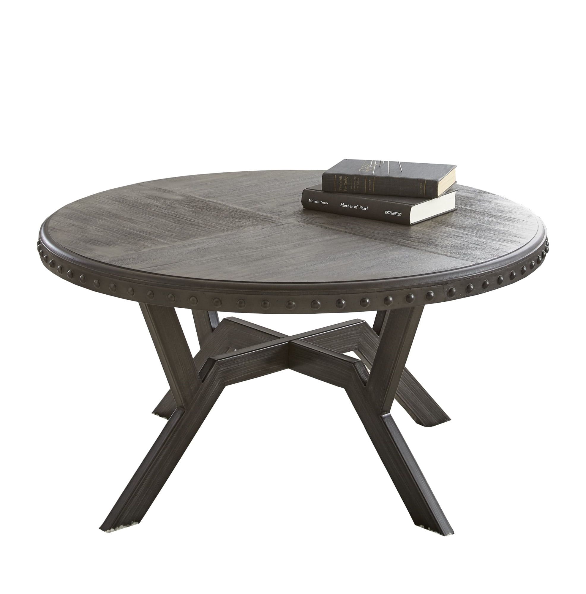 Gray Round Wood and Metal Coffee Table with Nailhead Trim