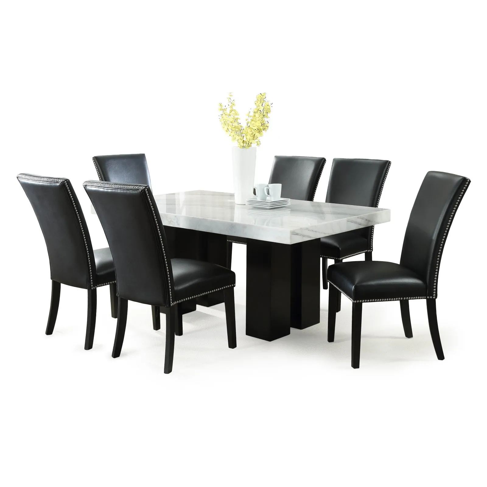 Espresso Finish 7-Piece Dining Set with Marble Top & Black Faux Leather Chairs