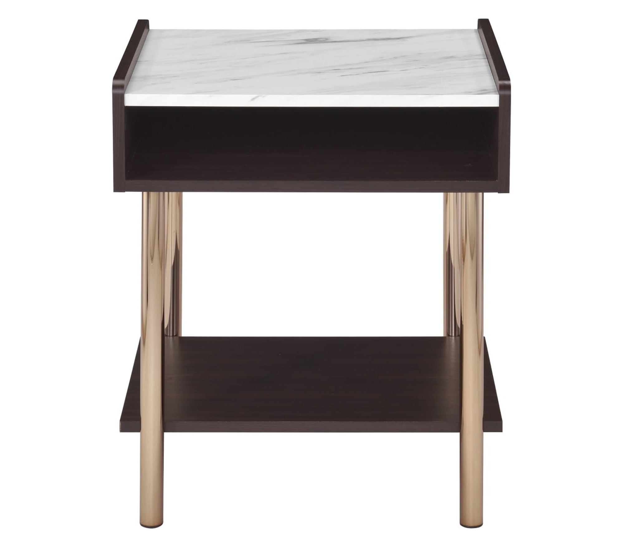 Walnut and White Marble Top End Table with Storage