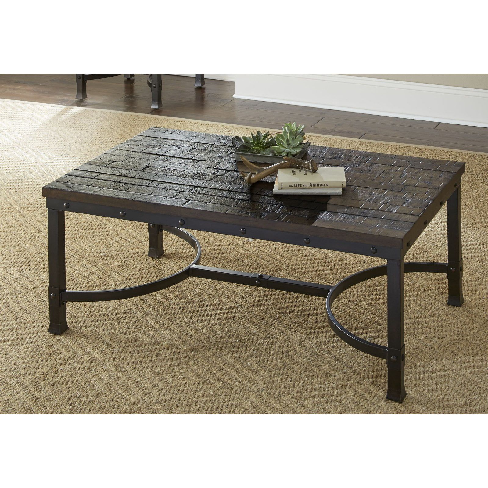 Ambrose 48'' Rustic Honey Wood and Ebony Metal Rectangular Cocktail Table