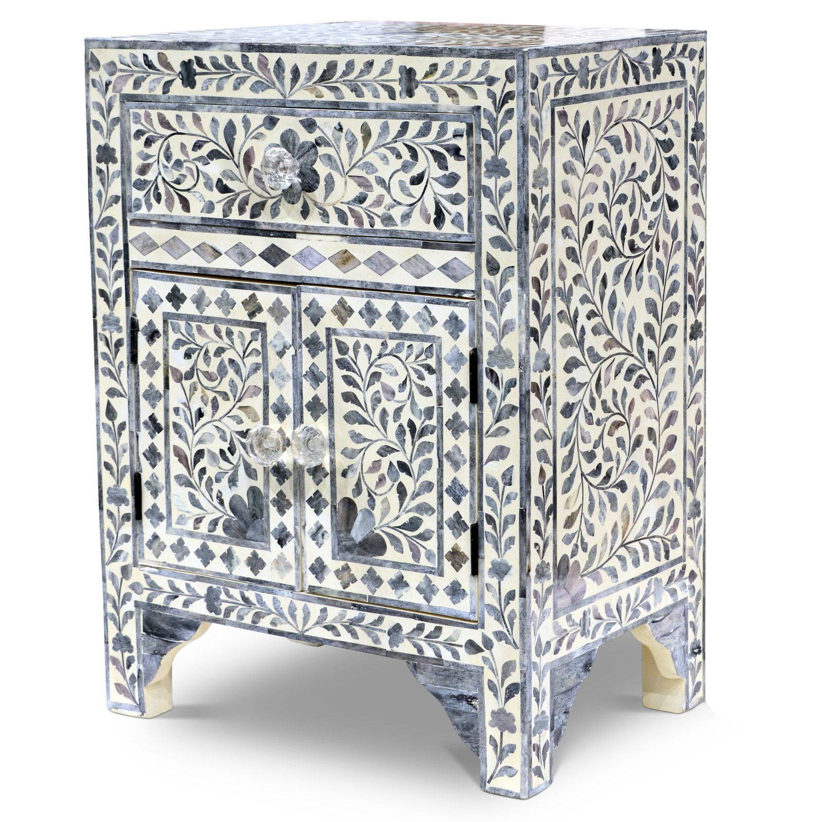 Lilac Gray Floral Vine Motif Hand-Inlaid Bone Accent Chest