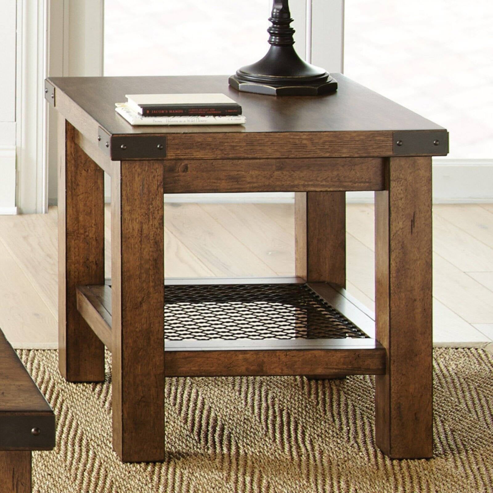 Distressed Oak and Metal Industrial Square End Table