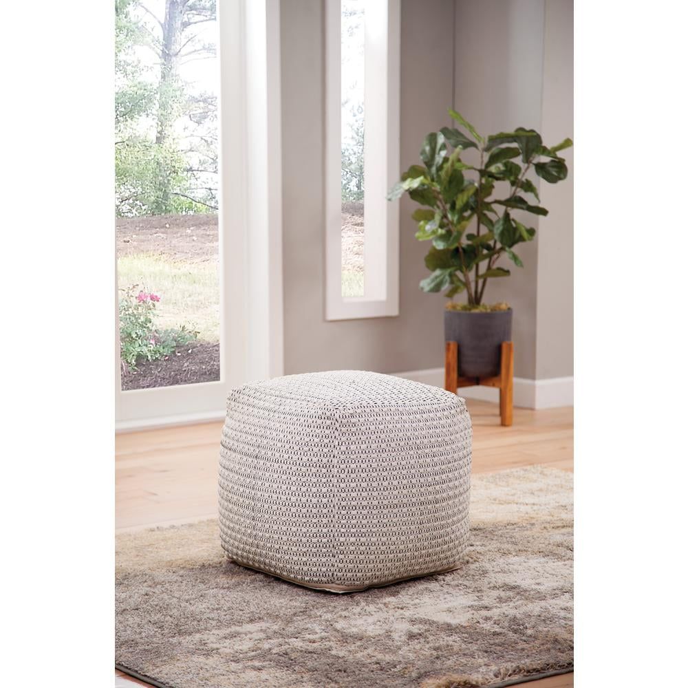 Ivory Handwoven Wool-Cotton 18'' Square Pouf Ottoman