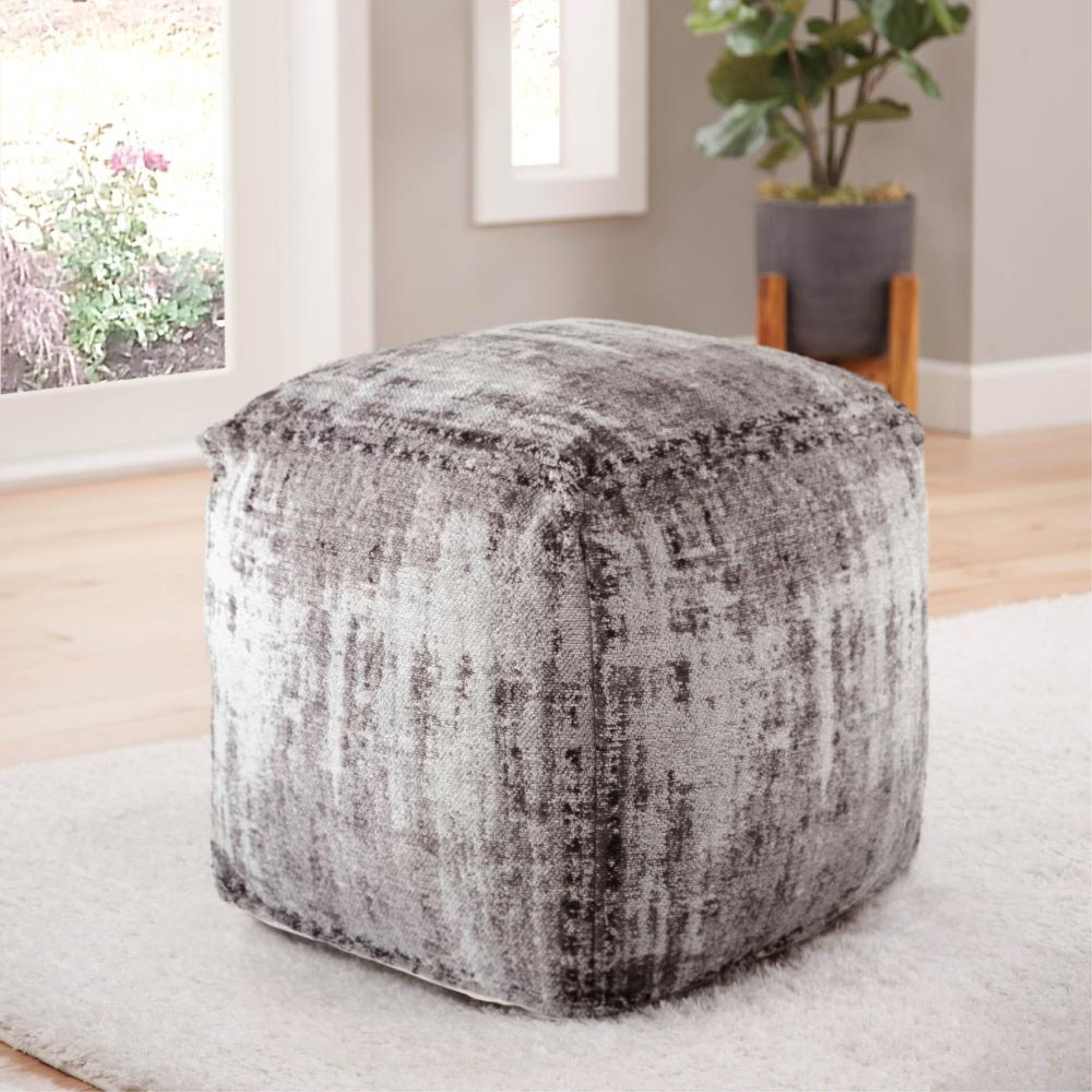 Hazel 18" Gray Cotton Wool Blend Square Pouf