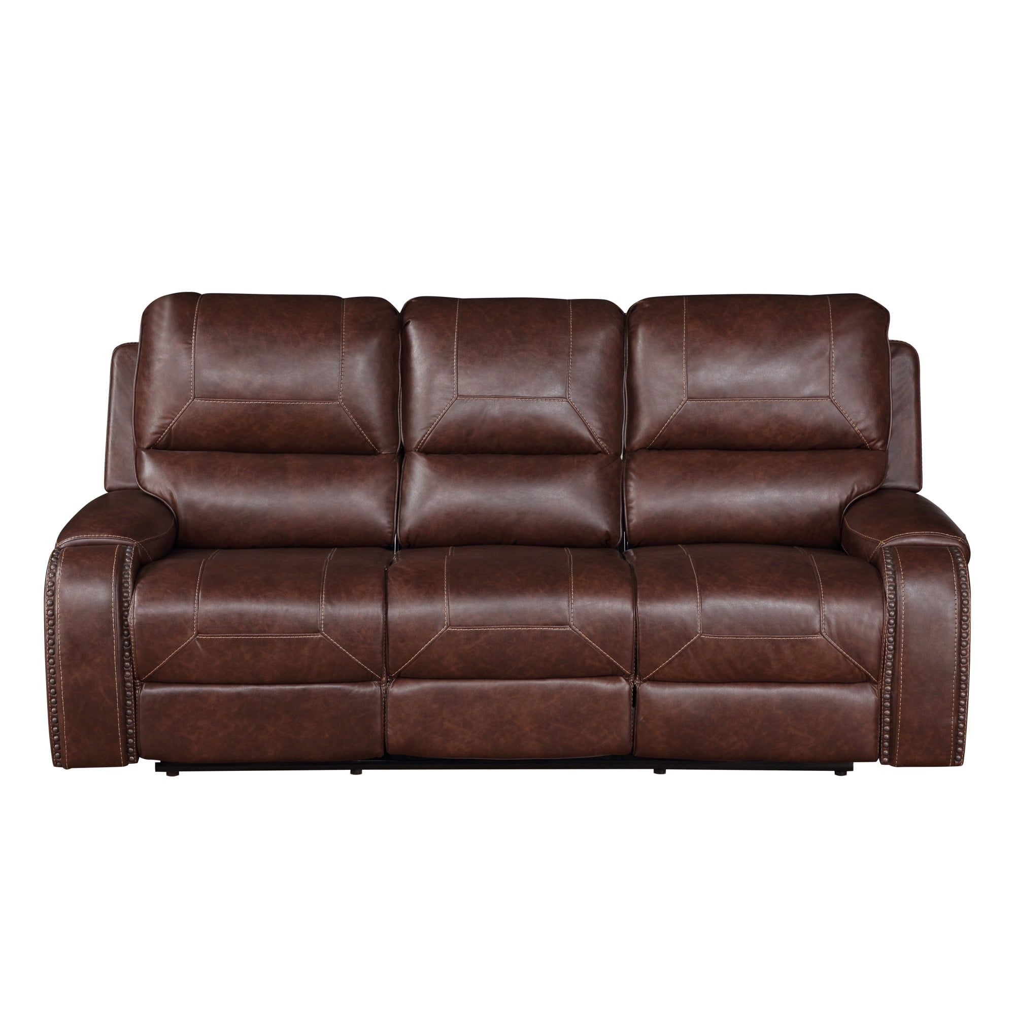 Brown Faux Leather Reclining Sofa with Nailhead Trim and Cup Holder