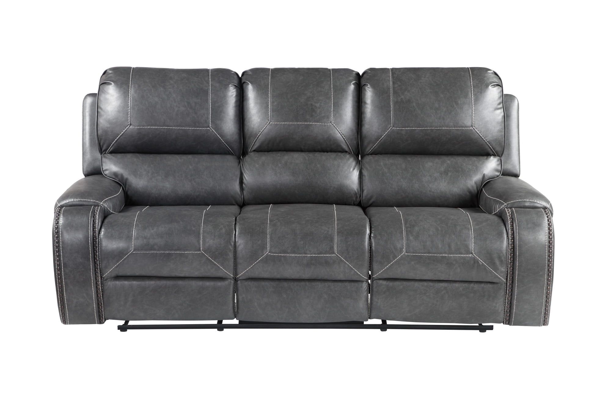 Gray Faux Leather Manual Reclining Sofa with Nailhead Trim