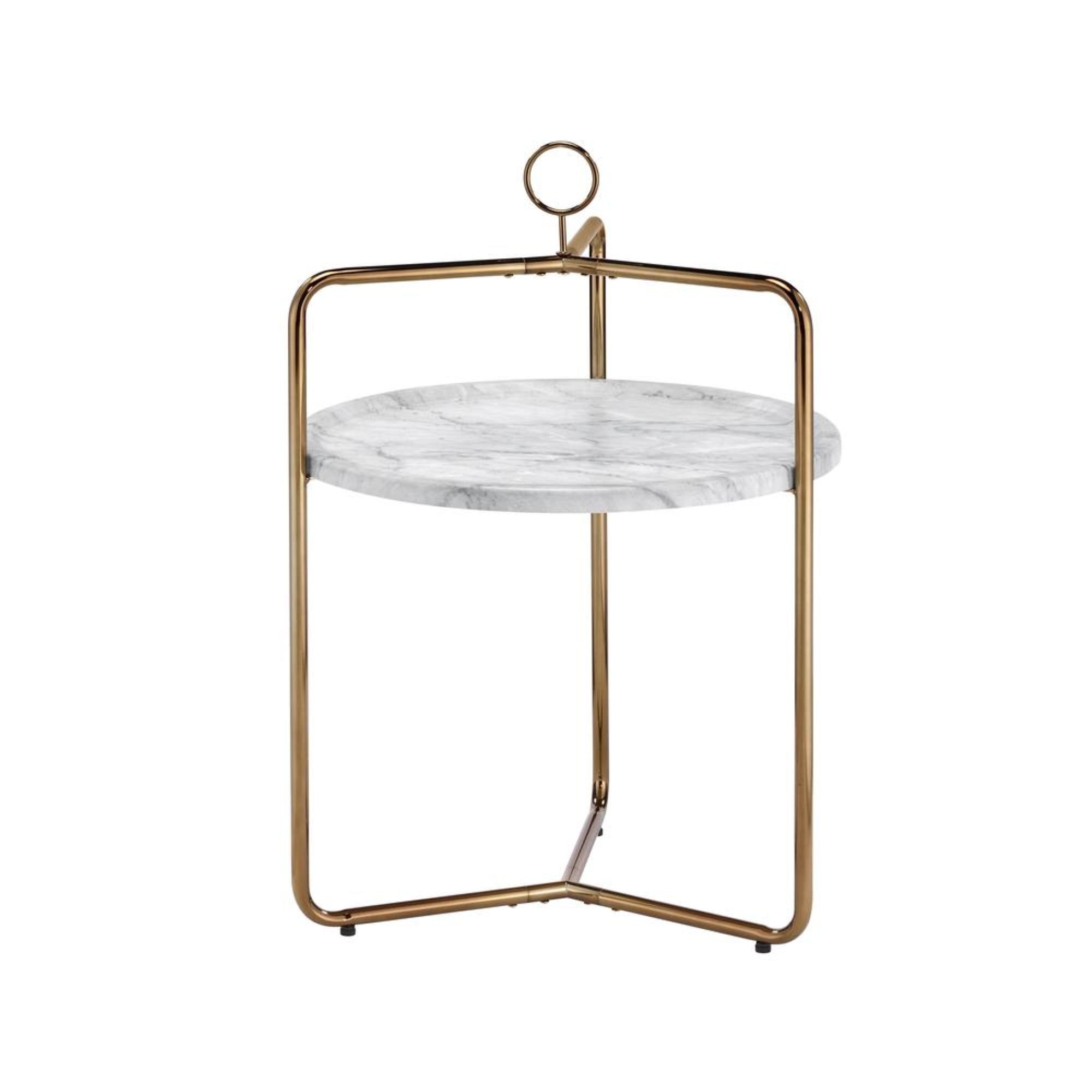 White Faux Marble and Gold Metal Round Side Table